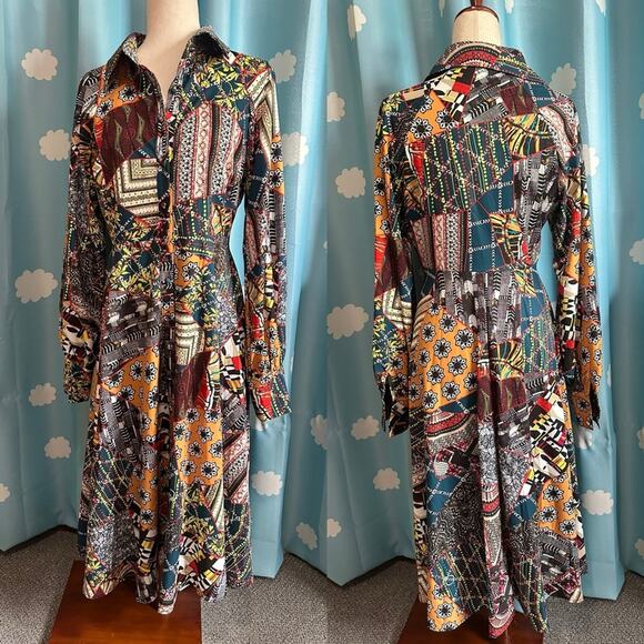 Vintage Dresses & Skirts - patchwork print maxi long sleeve dress- M